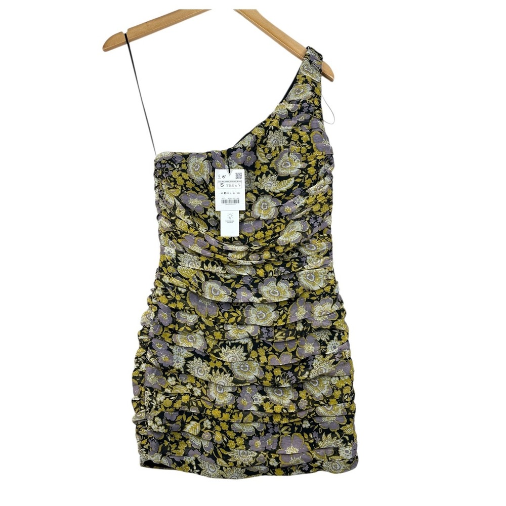 New Zara One Shoulder Ruched Mini Dress size Small Multicolor